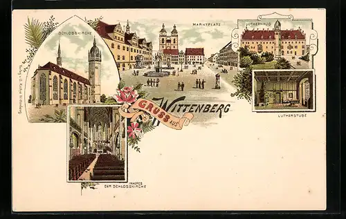Lithographie Wittenberg, Marktplatz, Schlosskirche, Lutherhaus