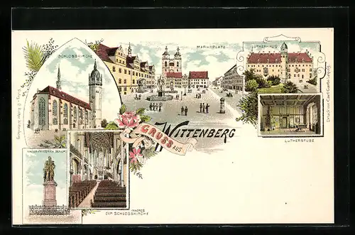 Lithographie Wittenberg, Markt, Schlosskirche, Lutherhaus