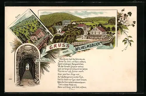 Lithographie Thale / Harz, Gasthaus Wilhelmsblick, Eingang zum Wilhelms-Blick, Kirche