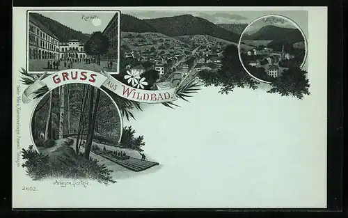 Lithographie Wildbad, Kurplatz, Anlagen-Parthie mit Floss, Gesamtansicht