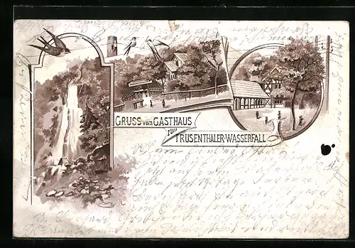 Lithographie Trusetal, Gasthaus zum Trusenthaler Wasserfall