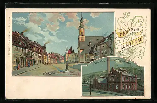 Lithographie Lunzenau, Marktplatz, Strassenpartie am Elektrizitätswerk