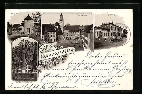 Lithographie Memmingen, Krugstor, Marktplatz, Bahnhof und Kriegerdenkmal