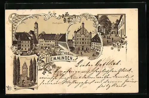 Lithographie Memmingen, Rathaus, Marktplatz und Martinskirche, Einlass und Kempter Tor