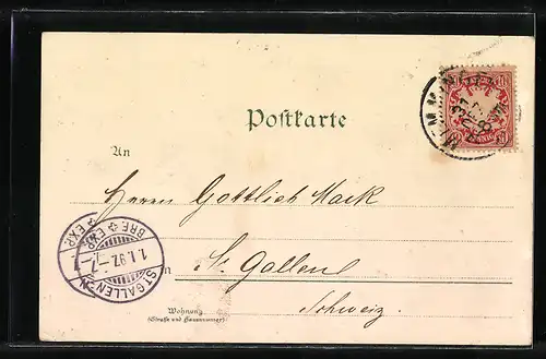 Lithographie Memmingen, Rathaus, Marktplatz und Martinskirche, Einlass und Kempter Tor