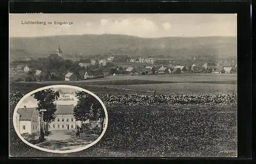 AK Lichtenberg im Erzgebirge, Gasthof zum Lehnstück, Teilansicht mit Kirche