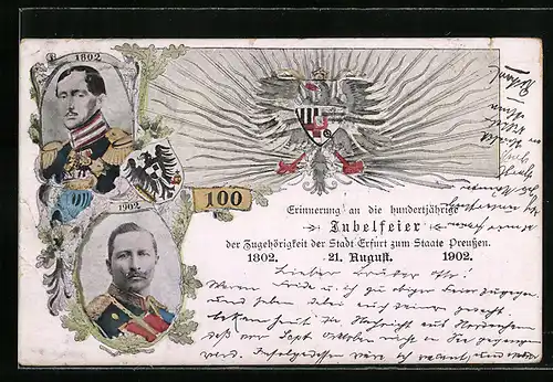 AK Erfurt, Hundertjährige Jubelfeier der Zugehörigkeit der Stadt Erfurt zum Staate Preussen 1802-1902, Adler mit Wappen