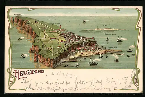 Lithographie Helgoland, Ansicht der Insel mit Düne