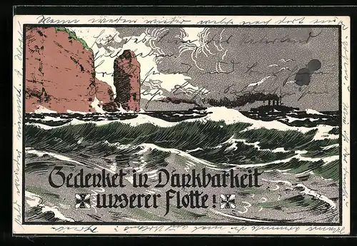 AK Gedenket in Dankbarkeit unserer Flotte!, Kriegsschiff in stürmischer See