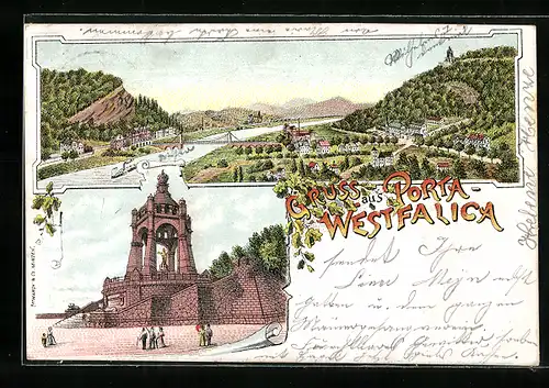 Lithographie Porta Westfalica, Totalansicht und Porta Westfalica