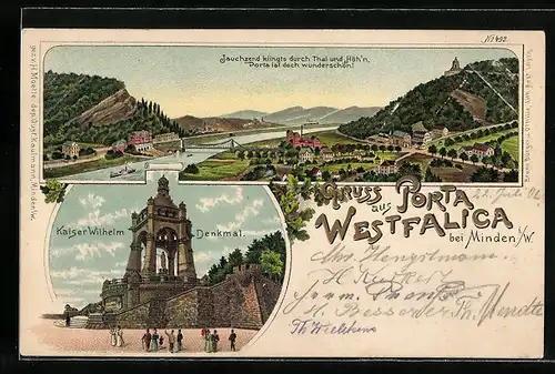 Lithographie Porta Westfalica, Totalansicht und Porta Westfalica