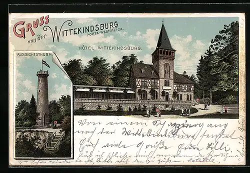 Lithographie Porta-Westfalica, Hotel Wittekindsburg, Aussichtsturm