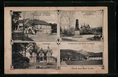 AK Bad Sulza, Hotel zum Eschenbaum am Kurpark, Inhalatorium, Gradierwerk und Blick auf die Sonnenburg