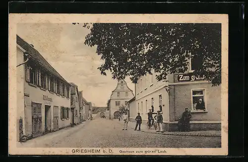 AK Griesheim b. D., Gasthaus zum grünen Laub und Strassenpartie