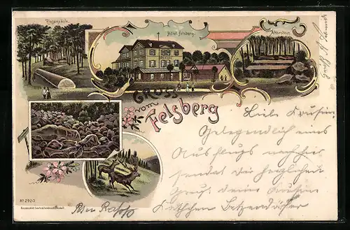 Lithographie Lautertal /Odenwald, Hotel Felsberg, Riesensäule, Altarstein