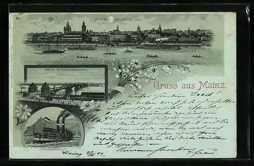 Lithographie Mainz, Mainz vom Castel gesehen, Neue Strassenbrücke, Rheindampfer