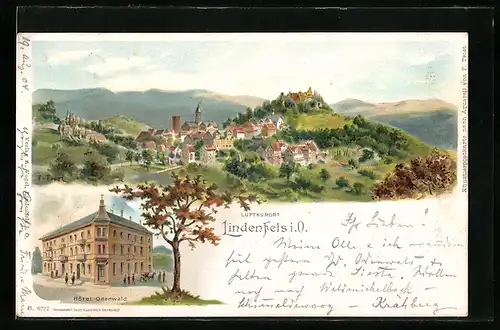 Lithographie Lindenfels, Hotel Odenwald und Ortspanorama