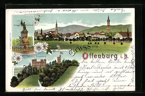 Lithographie Offenburg i. B., Teilansicht, Schloss Ortenberg, Krieger-Denkmal