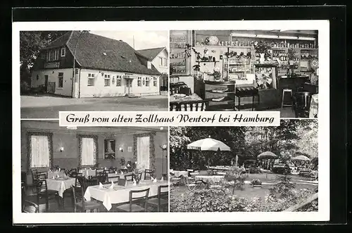 AK Wentorf, Gasthof Zum alten Zollhaus mit Innenansichten und Blick in den Garten, Hamburger Landstrasse 60