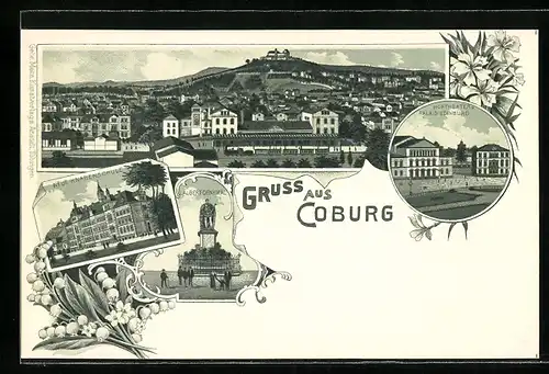 AK Coburg, Neue Knabenschule, Hoftheater und Palais Edinburg, Albert-Denkmal