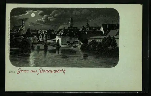 Lithographie Donauwörth, Ortsansicht mit Flusspartie