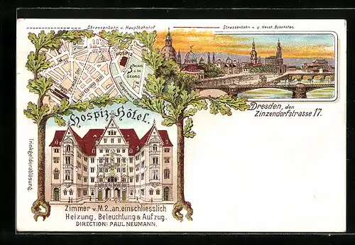 Lithographie Dresden, Hospiz-Hotel, Gesamtansicht & Stadtplan