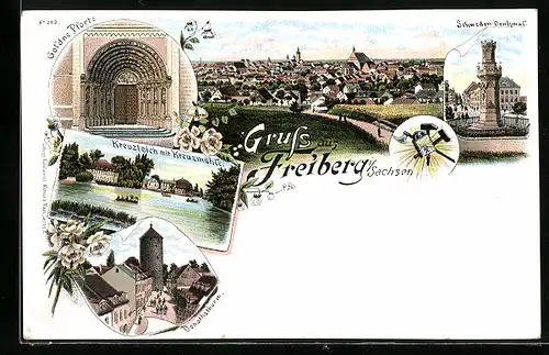 Lithographie Freiberg, Goldene Pforte, Schweden-Denkmal, Kreuzteich mit Kreuzmühle