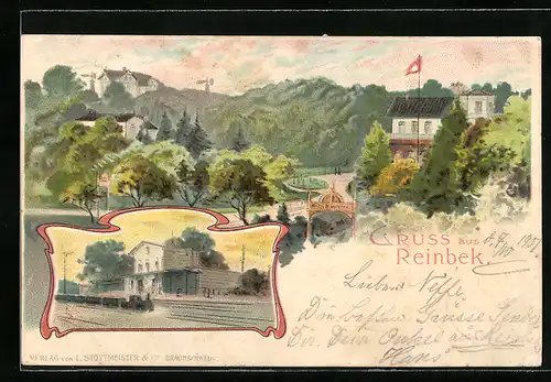 Lithographie Reinbek, Bahnhof, Hotel Nancythal, Eisenbahn