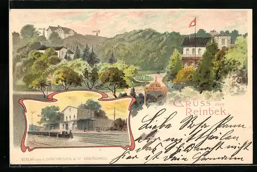 Lithographie Reinbek, Bahnhof, Hotel Nancythal, Eisenbahn