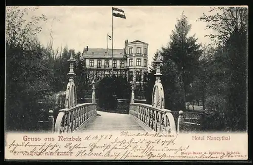 AK Reinbek, Blick auf Hotel Nancythal mit Brücke im Vordergrund