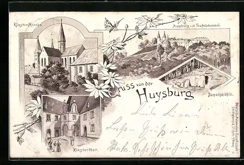 Lithographie Huysburg, Huysburg v. d. Teufelskanzel, Klostertor, Daneilshöhle