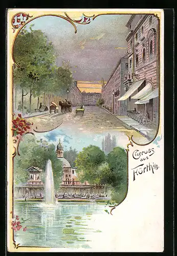 Lithographie Fürth, Anlage am Ludwigsbahnhof, Stadtpark-Partie