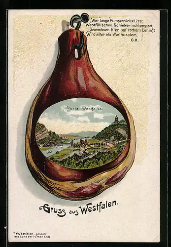 Passepartout-Lithographie Porta Westfalica, Ortsansicht in einem Schinkenstück