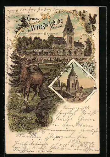 Lithographie Porta Westfalica, Hotel Wittekindsburg, Kaiser Wilhelm Denkmal