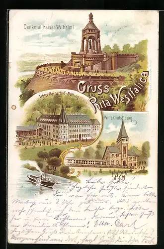 Lithographie Porta Westfalica, Hotel Kaiserhof Nolting, Wittekindsburg, Denkmal Kaiser Wilhelm I.