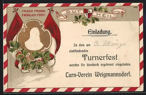 Lithographie Weigmannsdorf, Einladung zum Turnerfest, Portrait von Turnvater Jahn