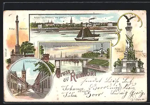 Lithographie Ruhrort, Finke-Denkmal, Fabrikstrasse, Eingang zum Kaiser-Hafen