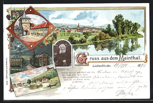 Lithographie Lichtenfels, Panorama im Mainthal, Ortspartie mit Tor