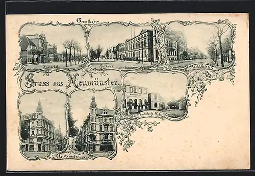 Lithographie Neumünster, Kaiserhof, Rathaus & Bahnhofshotel