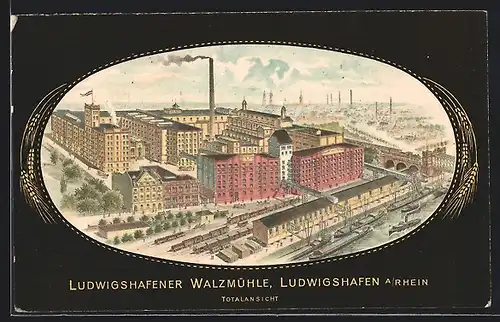 Lithographie Ludwigshafen /Rh., Walzmühle mit Bahngelände und Hafen aus der Vogelschau