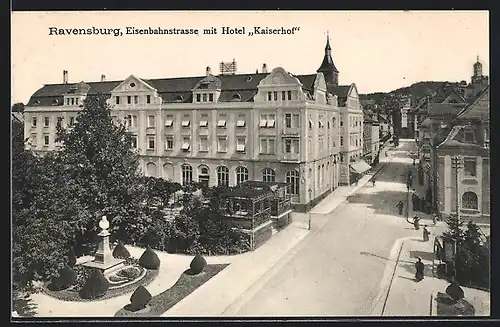 AK Ravensburg, Eisenbahnstrasse mit Hotel Kaiserhof