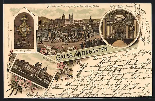 Lithographie Weingarten, histor. Festzug zu Ehren d. heil. Blutes, Inneres der kathol. Kirche