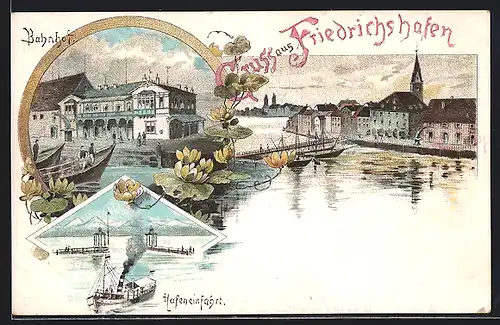 Lithographie Friedrichshafen, Gebäude am Hafen, Dampfer vor der Hafeneinfahrt