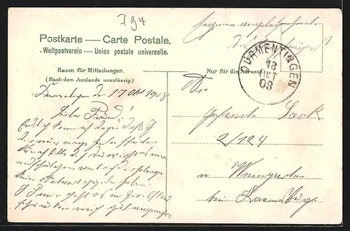 Lithographie Möhringen, Kapelle, Gesamtansicht, Wanderer in den Bergen