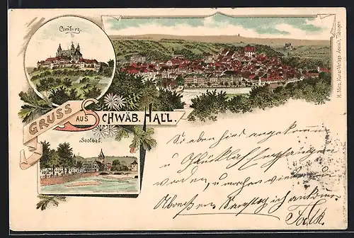 Lithographie Schwäb. Hall, Soolbad, Comburg, Gesamtansicht