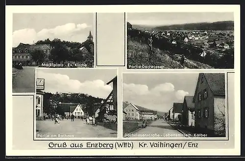 AK Enzberg /Kr. Vaihingen, Dorfwiesenstrasse mit Lebensmittelhandlung Kälber, Partie Dorfwiesen