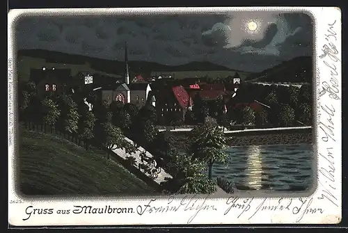 Mondschein-Lithographie Maulbronn, Ortsansicht mit Gewässer aus der Vogelschau