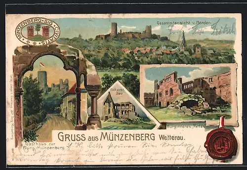 Lithographie Münzenberg, Gesamtansicht, Gasthaus zur Burg Münzenberg