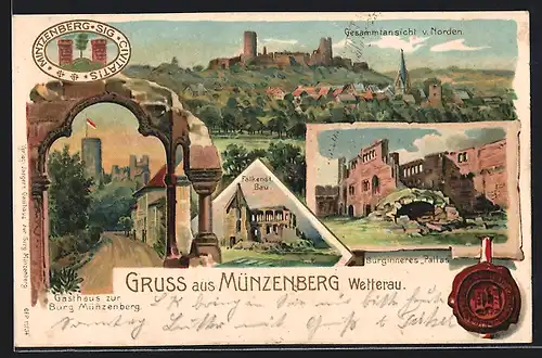 Lithographie Münzenberg, Gesamtansicht, Gasthaus zur Burg Münzenberg