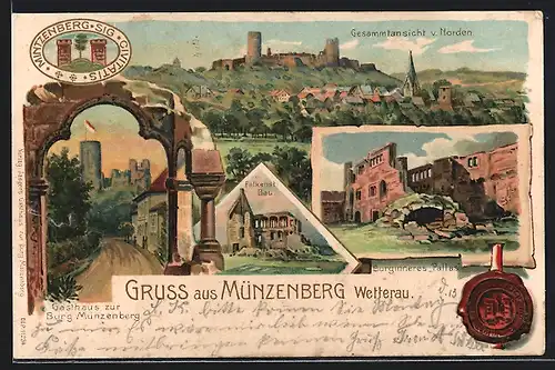 Lithographie Münzenberg, Gesamtansicht, Gasthaus zur Burg Münzenberg